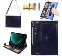 Techcircle Étui portefeuille à bandoulière avec support pour Samsung Galaxy Tab S9+/S9 FE+ Plus 12,5", porte-stylo et emplacements pour cartes, dragonne intégrée et bandoulière amovible, bleu marine