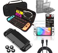 TECHGEAR 10en1 Switch Oled Ensemble d'accessoires - 1x Housse de protection de transport & rangement 1x étui souple 1x porte-cartes pour 24 cartes 4x Thumb Grip 2x Verre trempé et 2 Mètre USB Câble