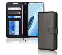 TECHGEAR Coque Find X5 Lite 5G Étui en cuir, Housse Étui Portefeuille en Cuir avec Rabat de Protection, Fentes pour Cartes, Béquille et Dragonne, Faux Cuir PU Noir Compatible avec Oppo Find X5 Lite 5G