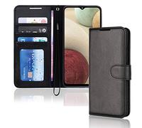 TECHGEAR Coque Galaxy A12 Étui Portefeuille en Cuir, Housse avec Rabat de Protection Fentes pour Cartes Béquille et Dragonne, Stand Fonction, Faux Cuir PU Compatible avec Samsung Galaxy A12 [Noir]