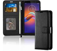 TECHGEAR Coque Moto E6 Play Étui en Cuir, Housse Étui Portefeuille en Cuir avec Rabat de Protection, Fentes pour Cartes, Béquille et Dragonne, Faux Cuir PU Noir Compatible avec Motorola Moto E6 Play