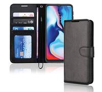 TECHGEAR Coque Moto E7 Plus Étui en Cuir, Housse Étui Portefeuille en Cuir avec Rabat de Protection, Fentes pour Cartes, Béquille et Dragonne, Faux Cuir PU Noir Compatible avec Motorola Moto E7 Plus