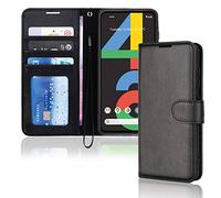 TECHGEAR Coque Pixel 4a Étui Portefeuille en Cuir, Housse avec Rabat de Protection Fentes pour Cartes Béquille et Dragonne, Stand Fonction, Faux Cuir PU Compatible avec Google Pixel 4a [Noir]