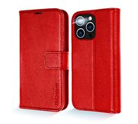 TECHGEAR Etui en Cuir VÉRITABLE Compatible avec Apple iPhone 14 Pro Max Portefeuille, [Blocage RFID] Housse avec Support, Antichoc, Fentes pour Cartes, étui Folio, Fermeture magnétique [Rouge]