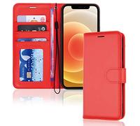 TECHGEAR Étui iPhone 12/12 Pro Portefeuille - Housse en Cuir PU Rouge Avec Rabat de Protection, Fentes pour Cartes, Béquille et Dragonne - Compatible 6.1"