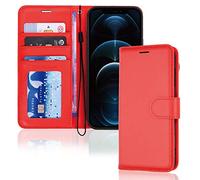 TECHGEAR - Etui iPhone 12 Pro Max Portefeuille - Housse en Cuir avec Rabat de Protection, Fentes pour Cartes, Béquille et Dragonne, Cuir PU Rouge Compatible avec iPhone 12 Pro Max 6.7''