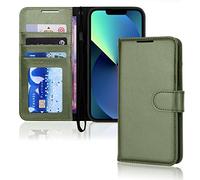 TECHGEAR Etui iPhone 13 Portefeuille - Housse en Cuir avec Rabat de Protection, Fentes pour Cartes, Béquille et Dragonne, Cuir PU Lavande Compatible avec iPhone 13 - Vert