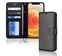 TECHGEAR Etui iPhone iPhone 12, iPhone 12 Pro Portefeuille - Housse en Cuir avec Rabat de Protection, Fentes pour Cartes, Béquille et Dragonne, Cuir PU Noir Compatible avec iPhone 12/12 Pro 6.1"