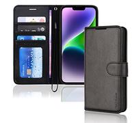 TECHGEAR Etui iPhone iPhone 14 Portefeuille - Housse en Cuir avec Rabat de Protection, Fentes pour Cartes, Béquille et Dragonne, Cuir PU Noir Compatible avec iPhone 14 6.1"