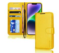 TECHGEAR Etui iPhone iPhone 14 Portefeuille - Housse en Cuir avec Rabat de Protection, Fentes pour Cartes, Béquille et Dragonne, Cuir PU Jaune Compatible avec iPhone 14 6.1"