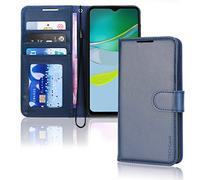 TECHGEAR Étui Moto E13 en Cuir, Housse Portefeuille en Cuir avec Rabat de Protection, Fentes pour Cartes, Béquille et Dragonne, Coque Faux Cuir PU Bleu Compatible avec Motorola Moto E13