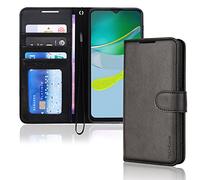TECHGEAR Étui Moto E13 en Cuir, Housse Portefeuille en Cuir avec Rabat de Protection, Fentes pour Cartes, Béquille et Dragonne, Coque Faux Cuir PU Noir Compatible avec Motorola Moto E13