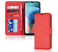 TECHGEAR Étui Moto E7i Power en Cuir, Housse Portefeuille Avec Rabat de Protection, Fentes pour Cartes, Béquille et Dragonne, Coque Faux PU Rouge Compatible Avec Motorola Moto E7i Power