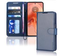 TECHGEAR Étui Moto G04 / G04s en Cuir, Housse Portefeuille en Cuir avec Rabat de Protection, Fentes pour Cartes, Béquille et Dragonne, Coque Faux Cuir PU Bleu Compatible avec Motorola Moto G04 / G04s