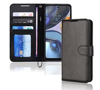 TECHGEAR Étui Moto G22 en Cuir, Housse Portefeuille en Cuir avec Rabat de Protection, Fentes pour Cartes, Béquille et Dragonne, Coque Faux Cuir PU Noir Compatible avec Motorola Moto G22