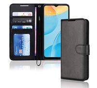 TECHGEAR Étui Oppo A15 / A15s en Cuir, Housse Portefeuille avec Rabat de Protection, Fentes pour Cartes, Béquille et Dragonne, Coque Faux Cuir PU Noir Compatible