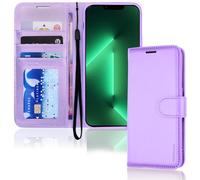 TECHGEAR Étui portefeuille à rabat en cuir synthétique avec fermeture magnétique pour iPhone 13 Pro 6,1 pouces - Support et dragonne, lilas