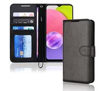 TECHGEAR Étui Portefeuille en Cuir Galaxy A03s, Housse de Protection à Rabat avec Porte-Carte Portefeuille, Support et dragonne - Cuir PU Noir avec Fermeture magnétique conçu pour Samsung A03s