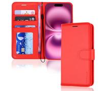 TECHGEAR Étui Portefeuille en Cuir iPhone 16 Plus, étui de Protection à Rabat avec Blocage RFID, Porte-Cartes, Support et dragonne, PU Cuir Coque Fermeture magnétique pour iPhone 16 Plus 2024 (Rouge)