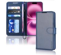 TECHGEAR Étui Portefeuille en Cuir iPhone 16 Plus, étui de Protection à Rabat avec Blocage RFID, Porte-Cartes, Support et dragonne, PU Cuir Coque Fermeture magnétique pour iPhone 16 Plus 2024 (Bleu)