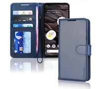 TECHGEAR Étui portefeuille en cuir Pixel 7a, étui de protection à rabat avec porte-cartes, support et dragonne - Cuir synthétique bleu avec fermeture magnétique conçu pour Google Pixel 7a