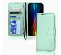 TECHGEAR Étui portefeuille en cuir pour Galaxy S23 FE, étui de protection à rabat avec porte-cartes, support et lanière de poignet - Cuir PU vert avec fermeture magnétique conçu pour Samsung Galaxy