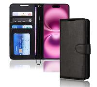 TECHGEAR Étui Portefeuille en Cuir pour iPhone 16, étui de Protection à Rabat avec Blocage RFID, Porte-Cartes, Support et dragonne, PU Cuir Coque avec Fermeture magnétique pour iPhone 16 2024 (Noir)