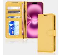 TECHGEAR Étui Portefeuille en Cuir pour iPhone 16, étui de Protection à Rabat avec Blocage RFID, Porte-Cartes, Support et dragonne, PU Cuir Coque avec Fermeture magnétique pour iPhone 16 2024 (Jaune)