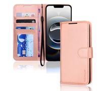 TECHGEAR Étui portefeuille en cuir pour iPhone 16e - Étui de protection à rabat [blocage RFID] - Porte-cartes, support et dragonne - Cuir PU or rose avec fermeture magnétique pour iPhone 16e 2025