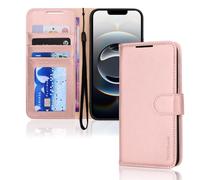 TECHGEAR Étui portefeuille en cuir synthétique pour iPhone 16e avec fermeture magnétique [blocage RFID], porte-cartes, support et dragonne, rose