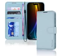 TECHGEAR Étui portefeuille en cuir synthétique pour iPhone 17 avec blocage RFID, porte-cartes et espèces, béquille, dragonne, fermeture magnétique - Bleu clair