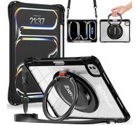 TECHGEAR ExoView Coque pour Apple iPad Pro 11" 2024 (M4) 5ème génération, coque transparente robuste et résistante aux chocs avec support, anneau rotatif à 360°, poignée et bandoulière, noir