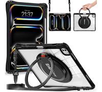 TECHGEAR ExoView - Coque pour Apple iPad Pro 13" 2024 (M4), coque transparente robuste et résistante aux chocs avec support, anneau rotatif à 360°, poignée et bandoulière, noir