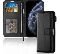 TECHGEAR iPhone 11 Pro Max Etui Portefeuille - Housse Étui en Cuir avec Rabat de Protection, Fentes pour Cartes, Béquille et Dragonne, Faux Cuir PU Noir Compatible avec iPhone 11 Pro Max