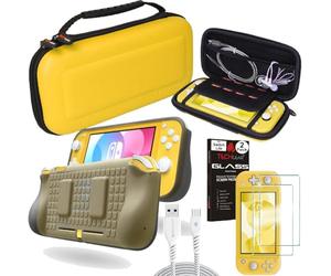 TECHGEAR Switch Lite Ensemble d'accessoires, Coque et protecteur d'écran pour Nintendo Switch Lite, Housse de protection de transport & rangement, étui souple, 2x Verre trempé et 2m USB Câble [JAUNE]