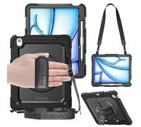 TECHGEAR Utility Coque pour iPad Air 13 (M2 2024 / M3 2025) Coque Rigide, Protection Anti Choc avec Support Pivotant 360 Degrés, Bandoulière Épaule et Prise Main [Noir] Coque Antichoc