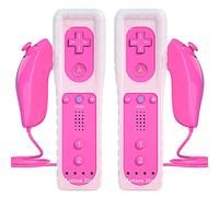 TechKen 2 Pièces Manette de Wii et Manette Nunchuck Contrôleur pour Wii Remote Motion Plus Intégré Étui en Silicone Dragonne (Rose)