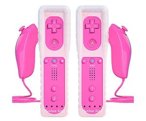 TechKen 2 Pièces Manette de Wii et Manette Nunchuck Contrôleur pour Wii Remote Motion Plus Intégré Étui en Silicone Dragonne (Rose)