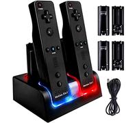 TechKen Wii Manette Chargeur avec 4 Batteries Rechargeables, Chargeur Wiimote pour Wii, Noir, 2800mAh, USB, Lot de 4