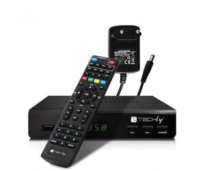 Techly 360974 décodeur récepteur numérique terrestre DVB-T/T2 H.265 HEVC 10 bits métal avec télécommande universelle 2 en 1 avec alimentation 12 V Noir