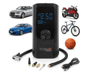 Technaxx Compresseur d’Air Électrique pour Voiture - Gonfleur de Pneus Portable avec Écran Numérique, Arrêt Automatique, Lampe LED, Pompe à Air 12 V pour Auto, Moto, Vélo & Ballons - TX-370