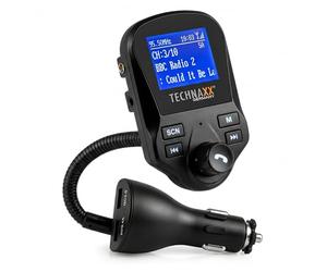 Technaxx Transmetteur FM Dab+ avec Bluetooth et kit Mains Libres FMT1500BT | DAB+ via FM, Bluetooth 4.2, 2 ports USB, entrée AUX, MicroSD, grand écran et microphone intégré