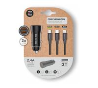 TechOneTech Chargeur de Voiture 2 x USB-A + câble 3 en 1 MicroUSB, Lightning et USB-C - Couleur Noire Marque