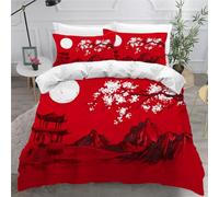 TECHPO Housse de Couette 200x200 Rouge Japonais Impression en 3D Microfibre Adultes Enfant avec 2 Taiesd'oreiller 65x65 cm Fleurs De Cerisier Pature de Lit 2 Personnes avec Fermeture Éclair