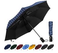 TechRise - Parapluie compact, solide, résistant au vent, pliable et léger, parapluie de voyage et de golf portable pour la pluie, ouverture et fermeture automatiques à bouton unique, bleu/carreaux, L