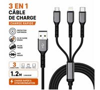 TECHTA Câble de Charge 3 en 1 USB vers USB-C, Lightning et Micro USB, Charge Rapide 3A, Nylon Tressé, 1,2 m, Noir