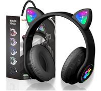 TECHTA - Casque Bluetooth Enfant avec Oreilles de Chat LED - Volume Limité 93 dB - Micro - Pliable - Noir