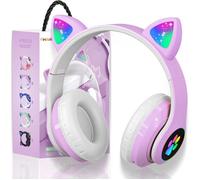 TECHTA - Casque Bluetooth Enfant avec Oreilles de Chat LED - Volume Limité 93 dB - Micro - Pliable - Violet