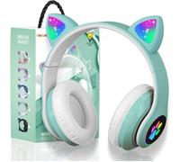 TECHTA Casque Bluetooth pour Enfants sans Fil,Casque Cat Pliable avec LED Flash Lumières Glow, Enfants Bluetooth avec Micro - Vert