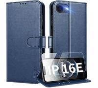 TECHTA Coque pour iPhone 17e/ 16e Coque Etui Portefeuille Cuir avec Verre Trempé Protection Écran Porte Carte Rabat Étui ,Bleu